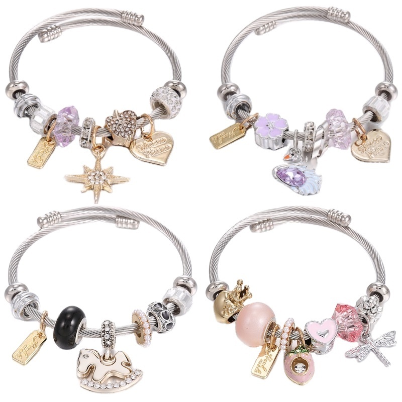 Stainless Steel DIY Gold Eight Stars Pink Love Crown Pony Beads Charm Bracelet