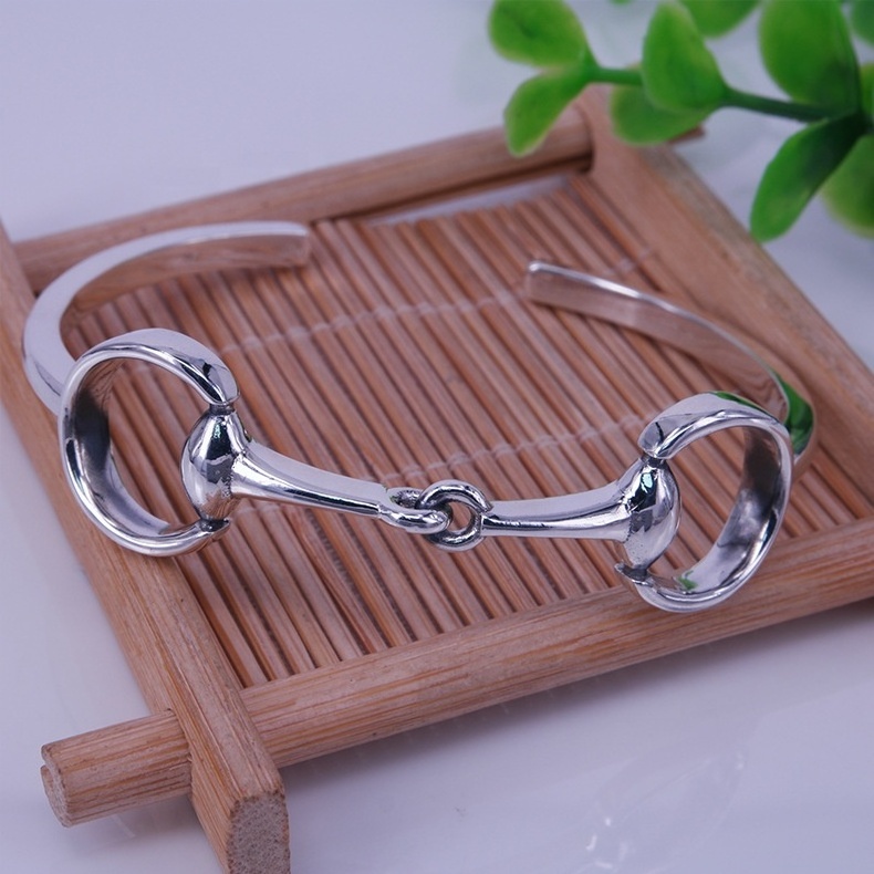 S925 Sterling Silver Stirrup Bangle Bracelet, Horse Saddle Equestrian Double Bit Snaffle Cuff Bracelet