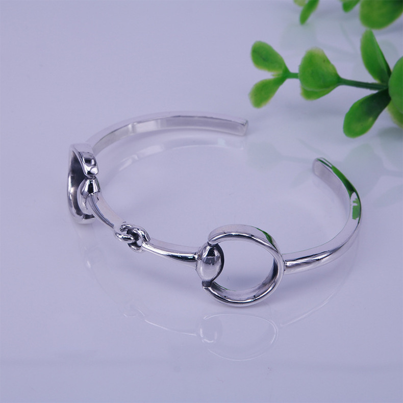 S925 Sterling Silver Stirrup Bangle Bracelet, Horse Saddle Equestrian Double Bit Snaffle Cuff Bracelet