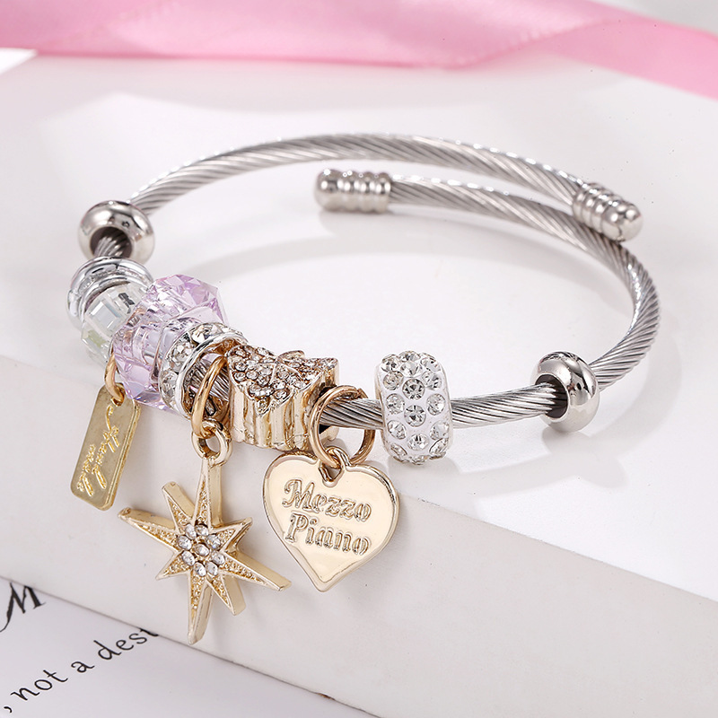 Stainless Steel DIY Gold Eight Stars Pink Love Crown Pony Beads Charm Bracelet