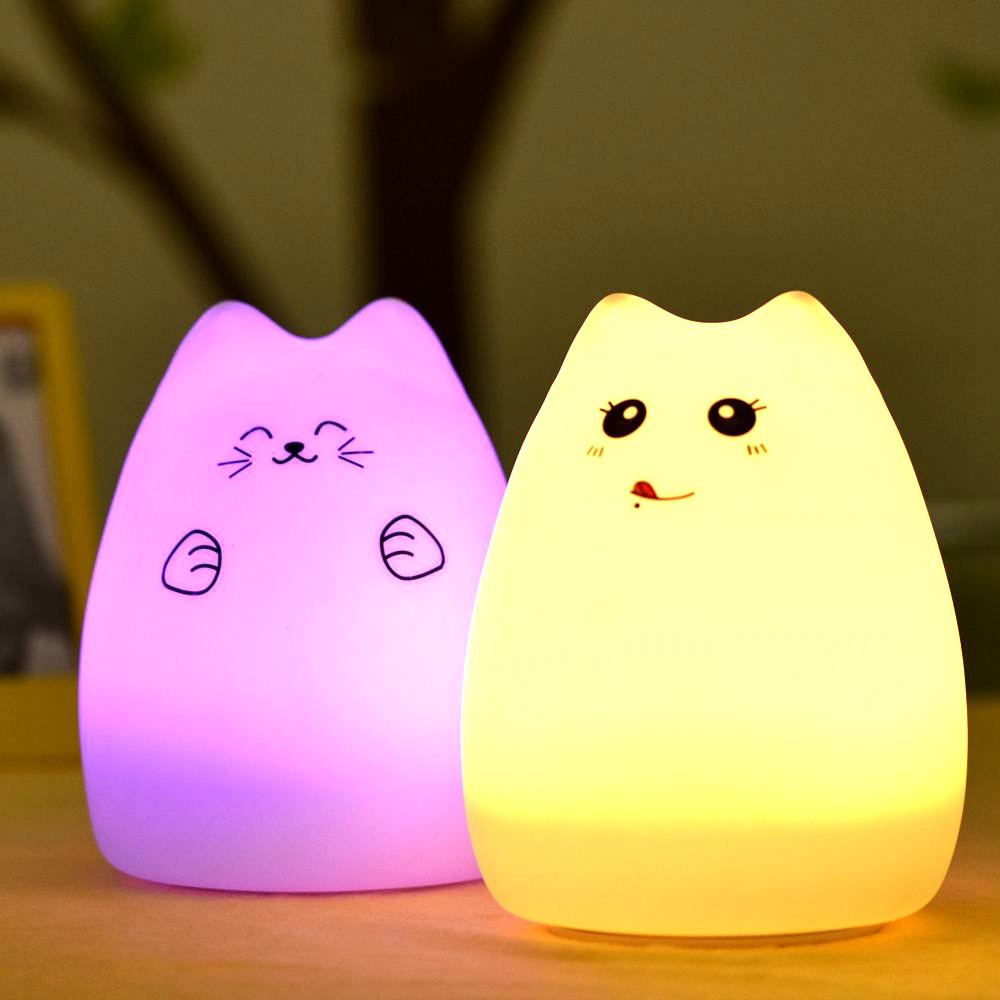 Portable LED Children Night Light Kids Multicolor Silicone Cat Lamp Nursery Nightlight Which Changes Color by Tap