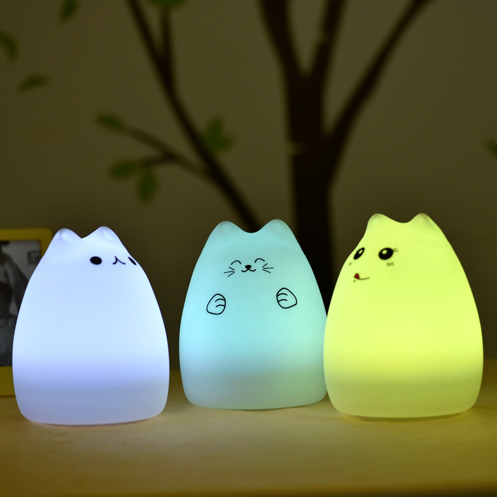 Portable LED Children Night Light Kids Multicolor Silicone Cat Lamp Nursery Nightlight Which Changes Color by Tap