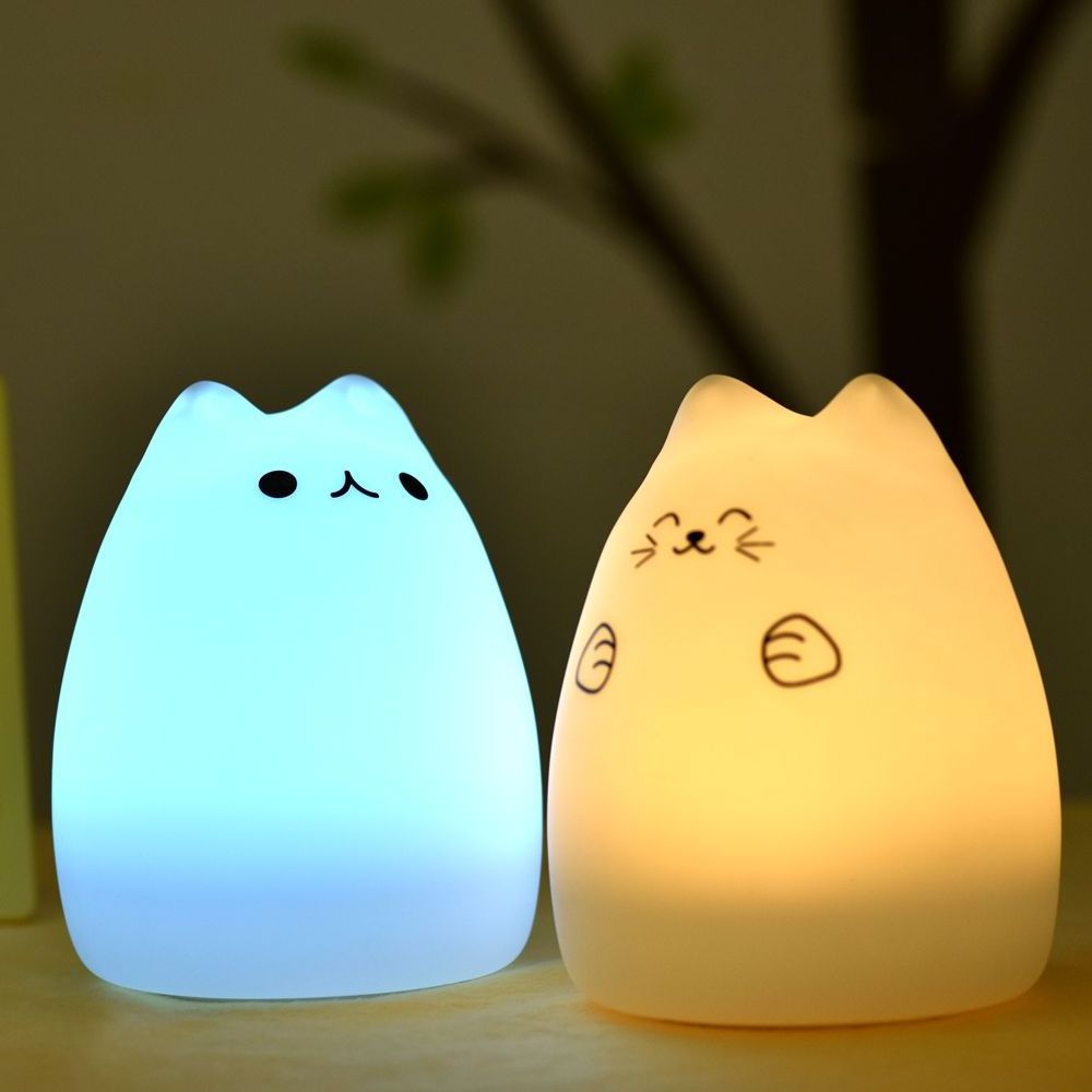 Portable LED Children Night Light Kids Multicolor Silicone Cat Lamp Nursery Nightlight Which Changes Color by Tap