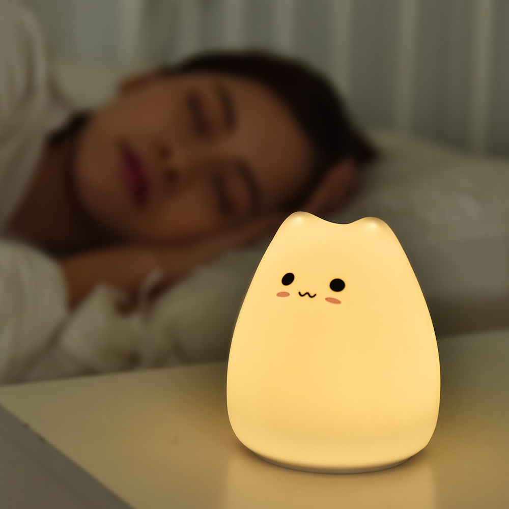 Soft Cat Silicone Baby Nursery Lamp Sensitive Tap Control 7 Single Colors Night Light for Kids