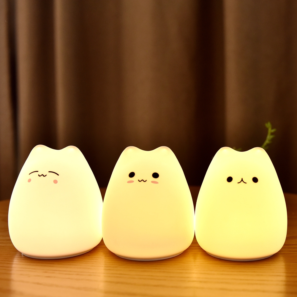 Soft Cat Silicone Baby Nursery Lamp Sensitive Tap Control 7 Single Colors Night Light for Kids