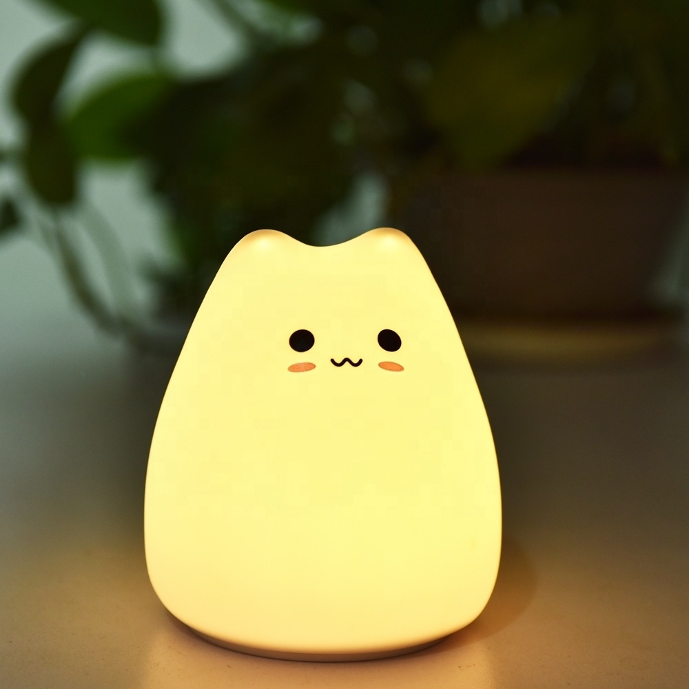 Soft Cat Silicone Baby Nursery Lamp Sensitive Tap Control 7 Single Colors Night Light for Kids