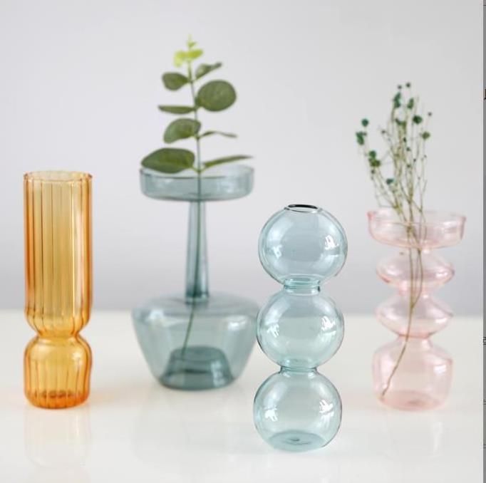 56Healing Wholesale Hand Blown Smoked Colored Flower Clear Transparent Ribbed Glass Cylinder Vase for Wedding or Home Decoration