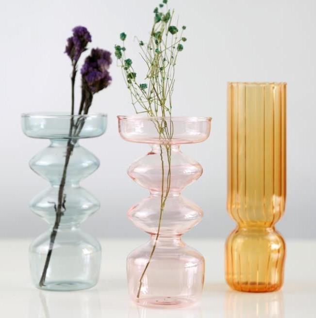 56Healing Wholesale Hand Blown Smoked Colored Flower Clear Transparent Ribbed Glass Cylinder Vase for Wedding or Home Decoration