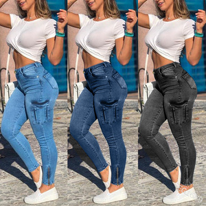 Hot Sale Women's pants High Waist Zip Up Jeans Women Tight Slim Cargo Pants Denim Jeans With Patches Pocket