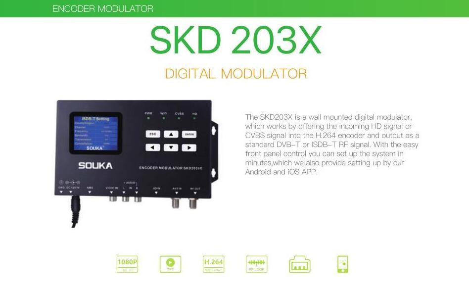 Digital Encoder Modulator SKD203X Series HD CVBS into H.264 Encoder Output DVB-T ISDB-T RF Modulator