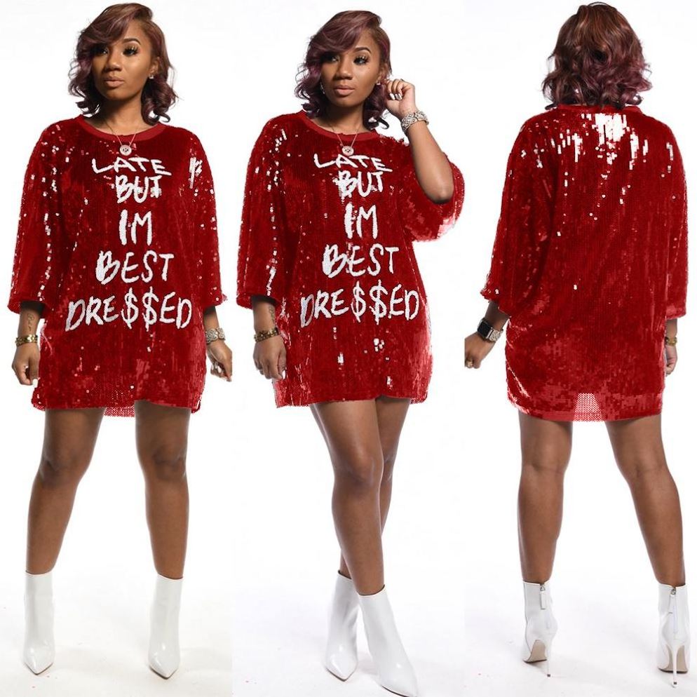 New sequins long sleeve tshirt fashion jersey plus size dress party sexy club women casual dresses