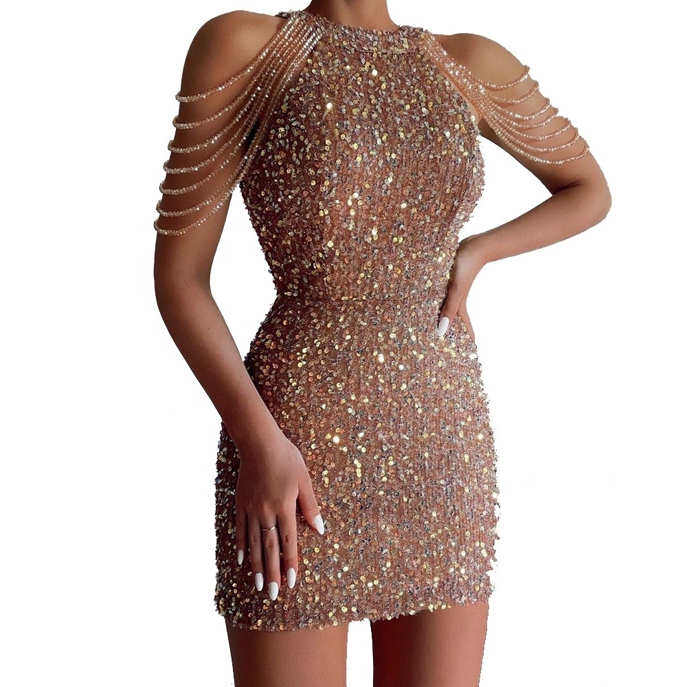 Ecowalson Short Party Bodycon Dress Women Sexy Evening Dress Off Shoulder Gold Sequin Dress