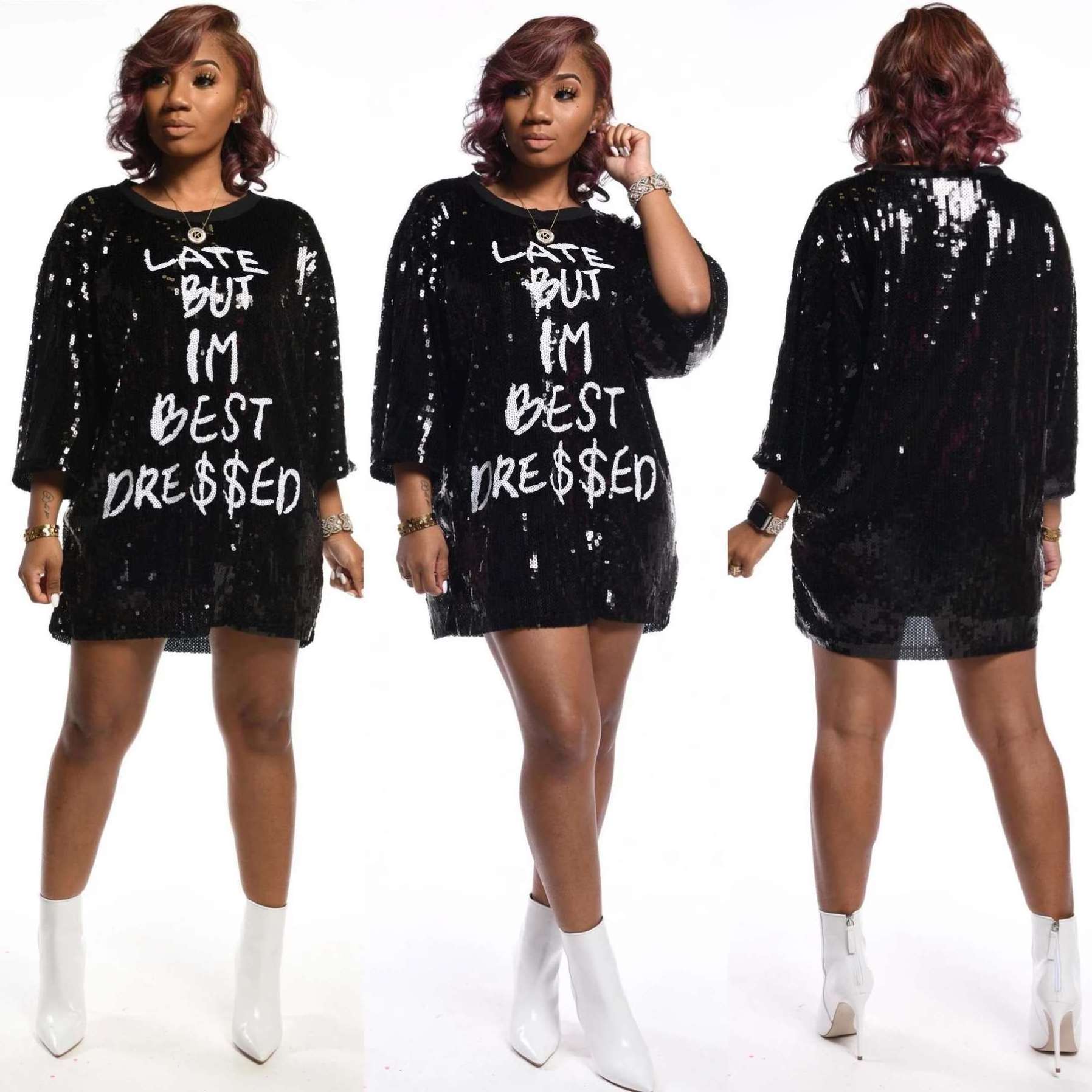 New sequins long sleeve tshirt fashion jersey plus size dress party sexy club women casual dresses