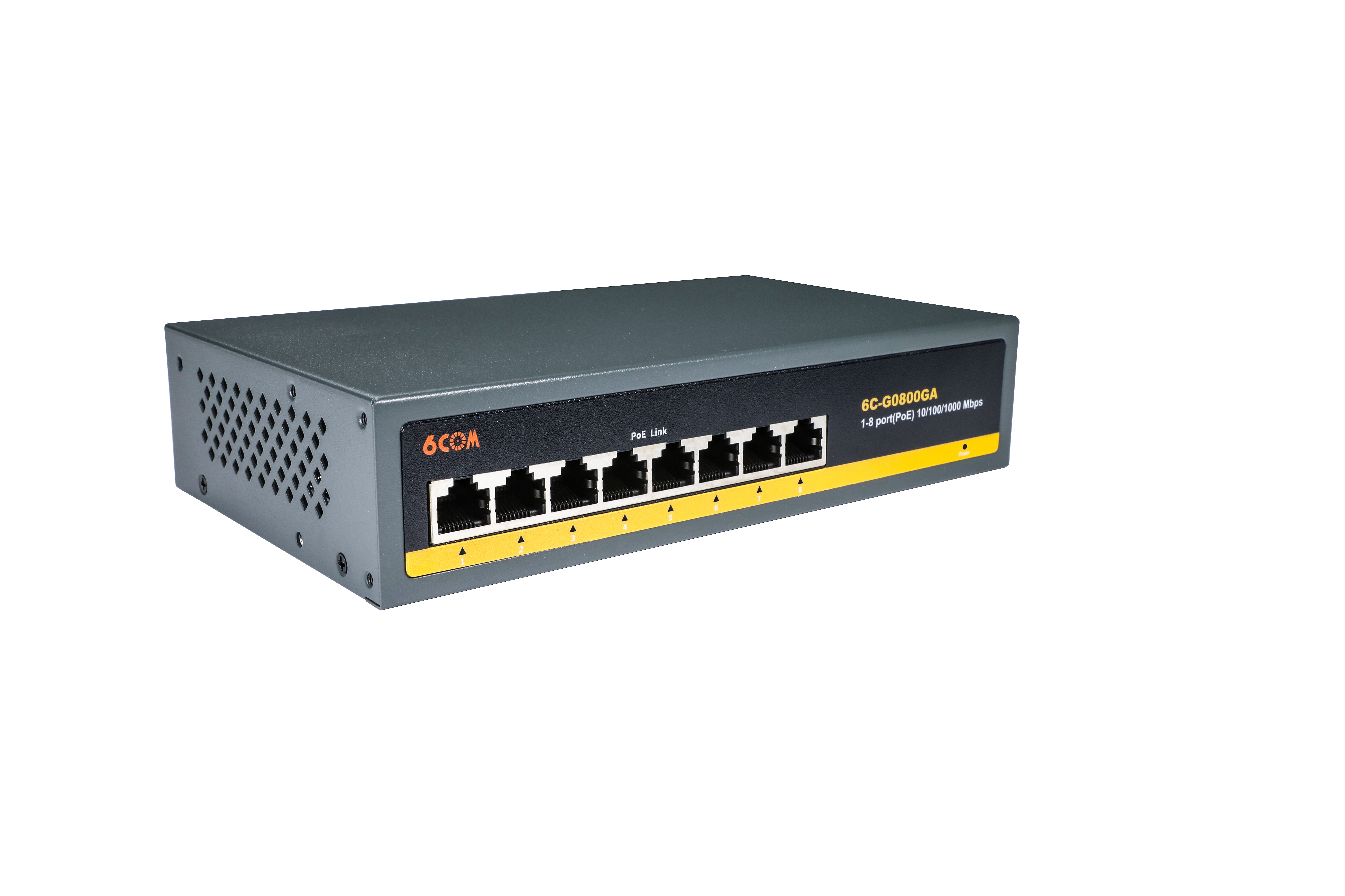 6COM 8 Port Gigabit PoE Switch, 8 PoE+ Ports 1000Mbps, 802.3af/at 120W, Metal Fanless Unmanaged Plug and Play