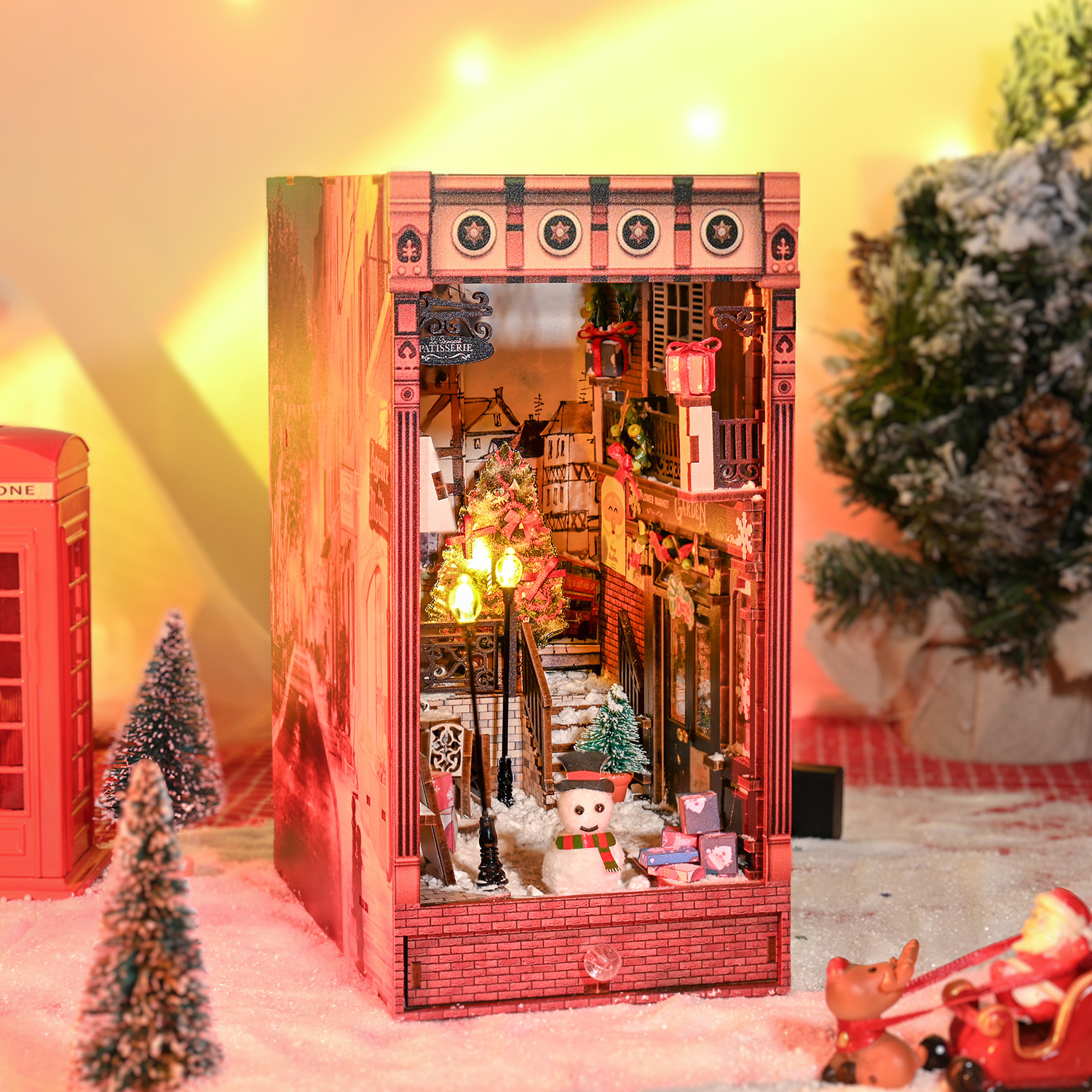 Buladle 2023 Jolly Christmas Promenade printing wooden book nook 3D wooden bookend with Touch Sensor LED Light 3D Wooden Puzzles