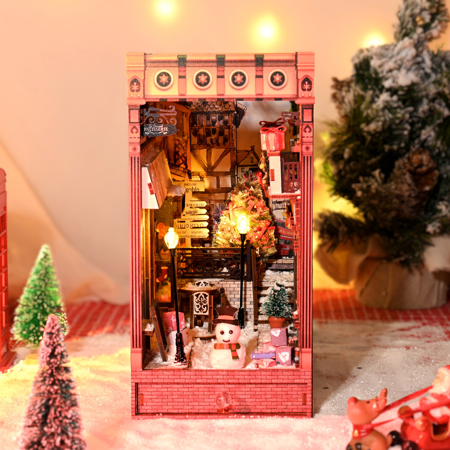 Buladle 2023 Jolly Christmas Promenade printing wooden book nook 3D wooden bookend with Touch Sensor LED Light 3D Wooden Puzzles