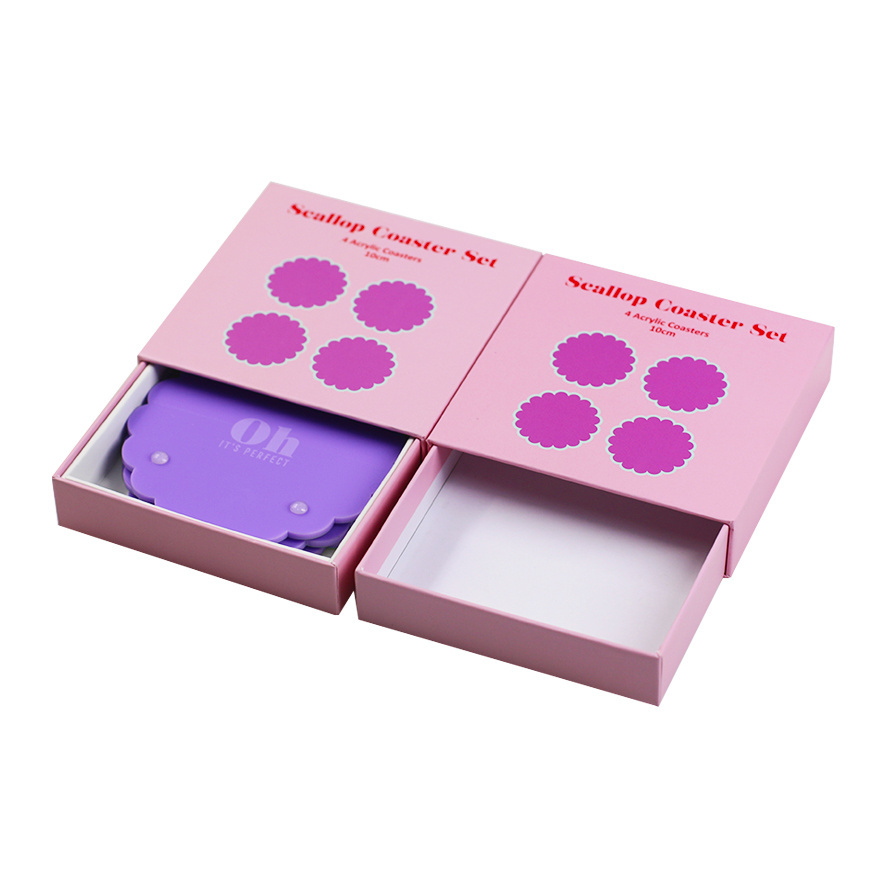 11x11x3cm Purple Glossy Finish Drawer Box Scallop Coaster Set Packing Box 350g Cardboard Rigid Sliding Acrylic Coaster Box