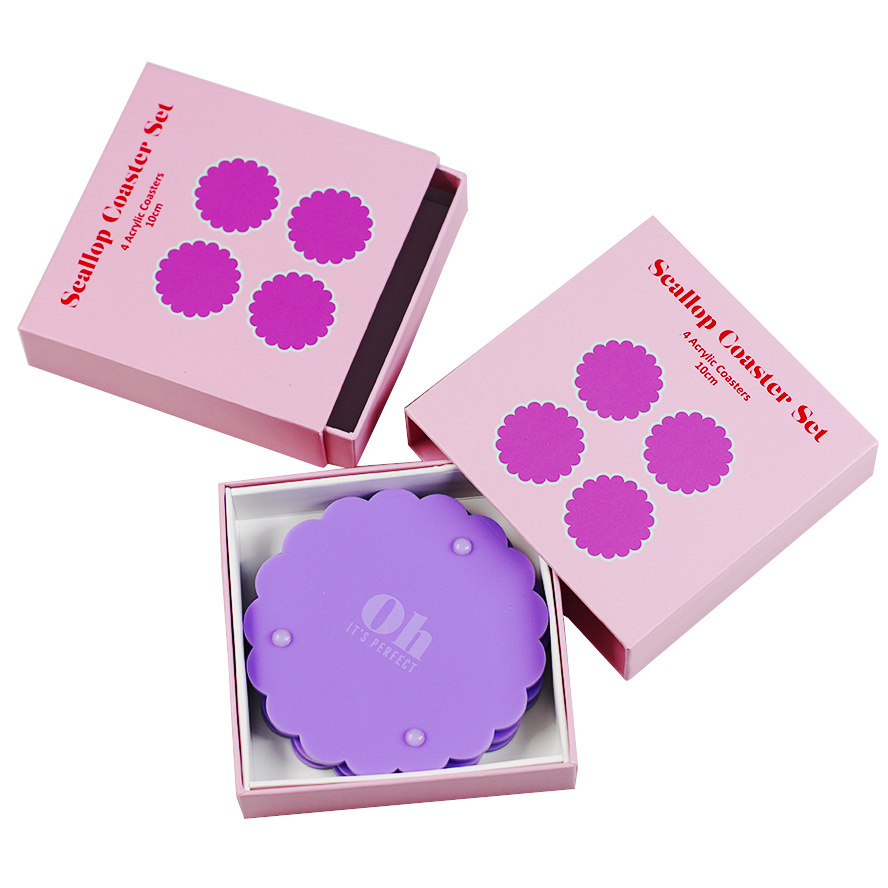 11x11x3cm Purple Glossy Finish Drawer Box Scallop Coaster Set Packing Box 350g Cardboard Rigid Sliding Acrylic Coaster Box