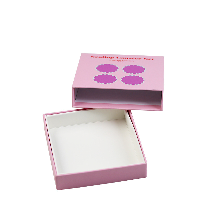 11x11x3cm Purple Glossy Finish Drawer Box Scallop Coaster Set Packing Box 350g Cardboard Rigid Sliding Acrylic Coaster Box