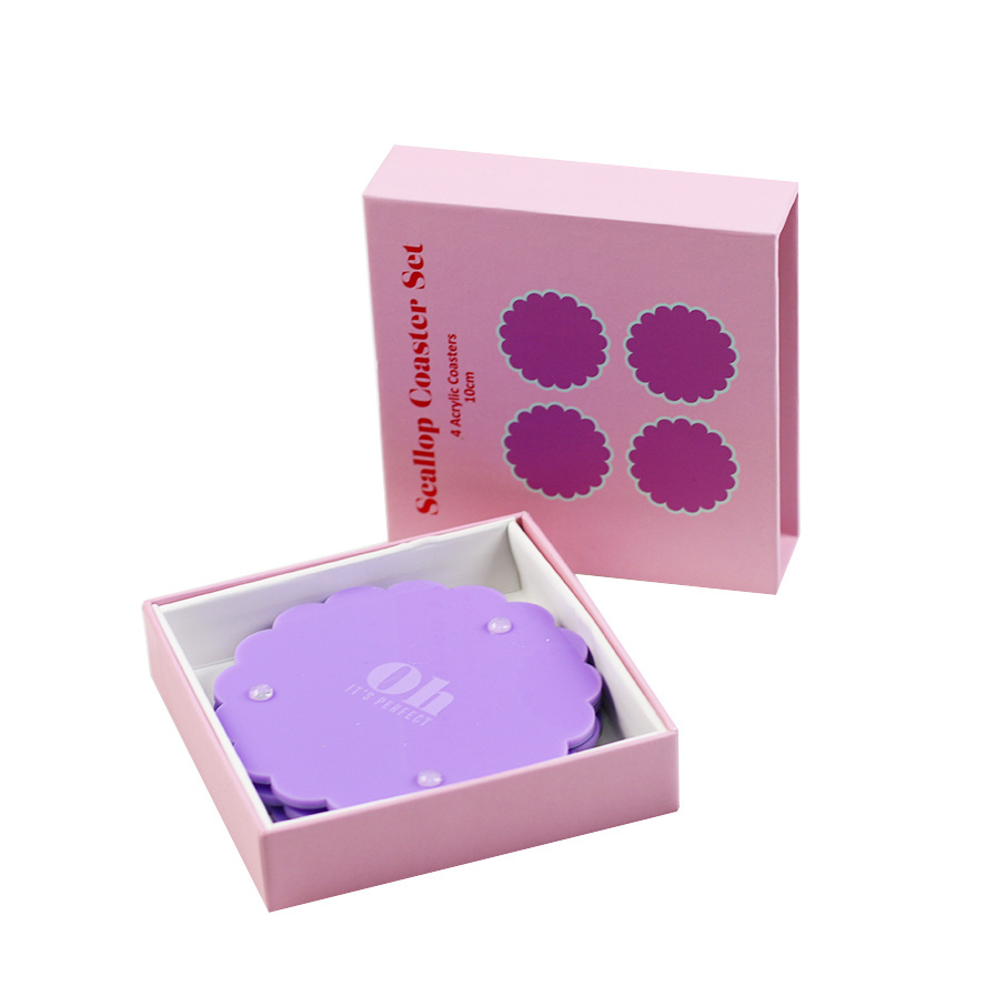 11x11x3cm Purple Glossy Finish Drawer Box Scallop Coaster Set Packing Box 350g Cardboard Rigid Sliding Acrylic Coaster Box