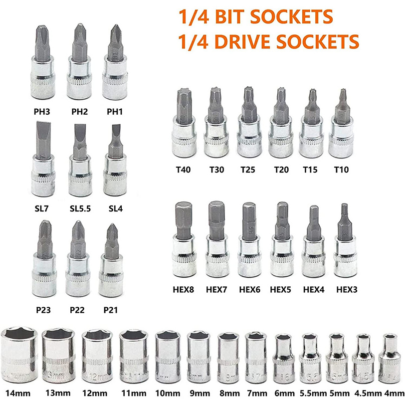 46-Piece 1/4-inch Screwdriver Drive Socket Bit Set Ratchet Wrench Tools Kit for Auto Repairing