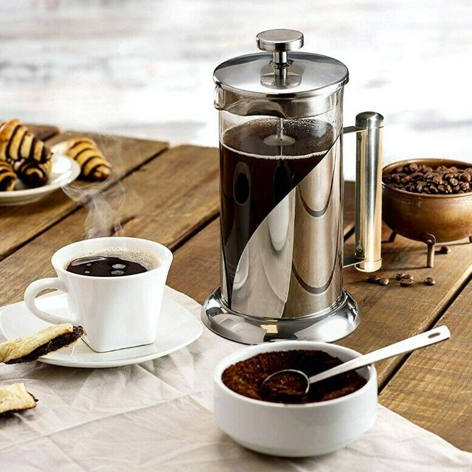 Christmas Gift BPA-free Food Grade Modern Glass And 4 Level Filter Stainless Steel Tea Plunger Pot French Coffee Press Brewer