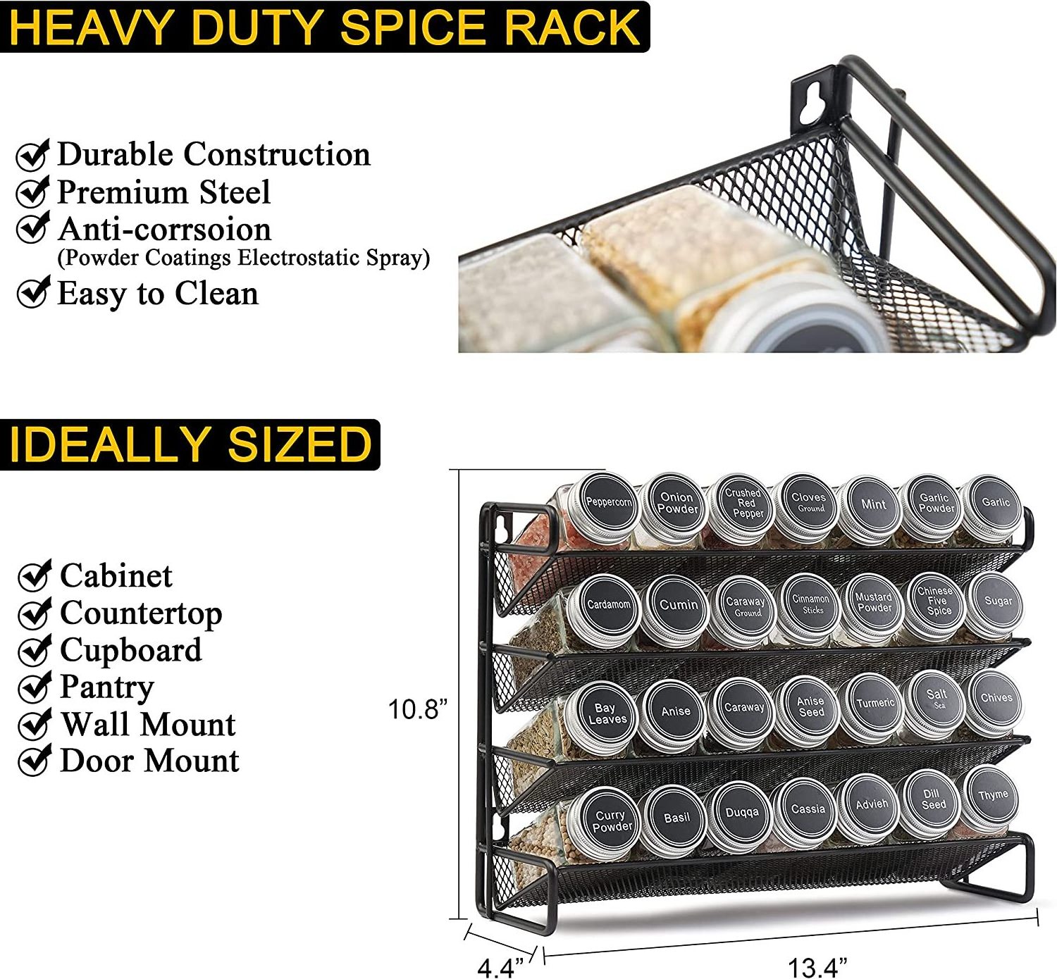 4 Tier Black Metal Seasoning Bottles Display Rack Spice Organizer For Home Kitchen Countertop Cabinet Supermarket Wall Mount