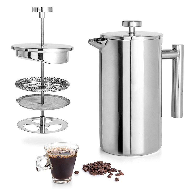 Amazon Hot Selling Stainless Steel Portable Insulated Double Wall & Filter Coffee Maker Tea Pot French Press For Travel & Office