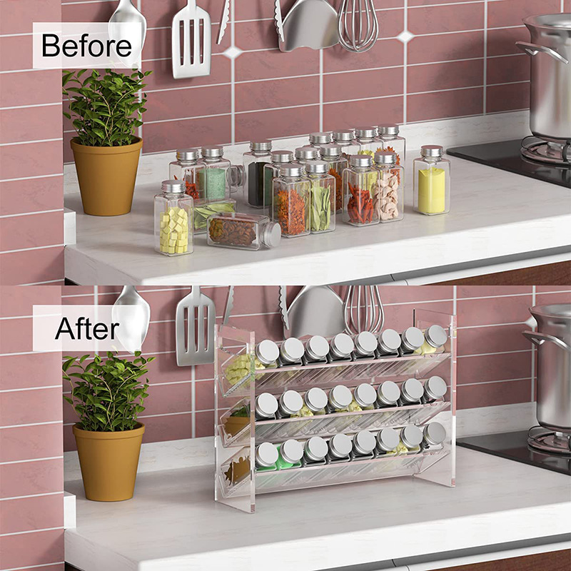 Flat Package 3-Tier Clear Acrylic Seasoning Shelf Spice Jars Holder Rack Set For Home Pantry Cabinet Kitchen Organization