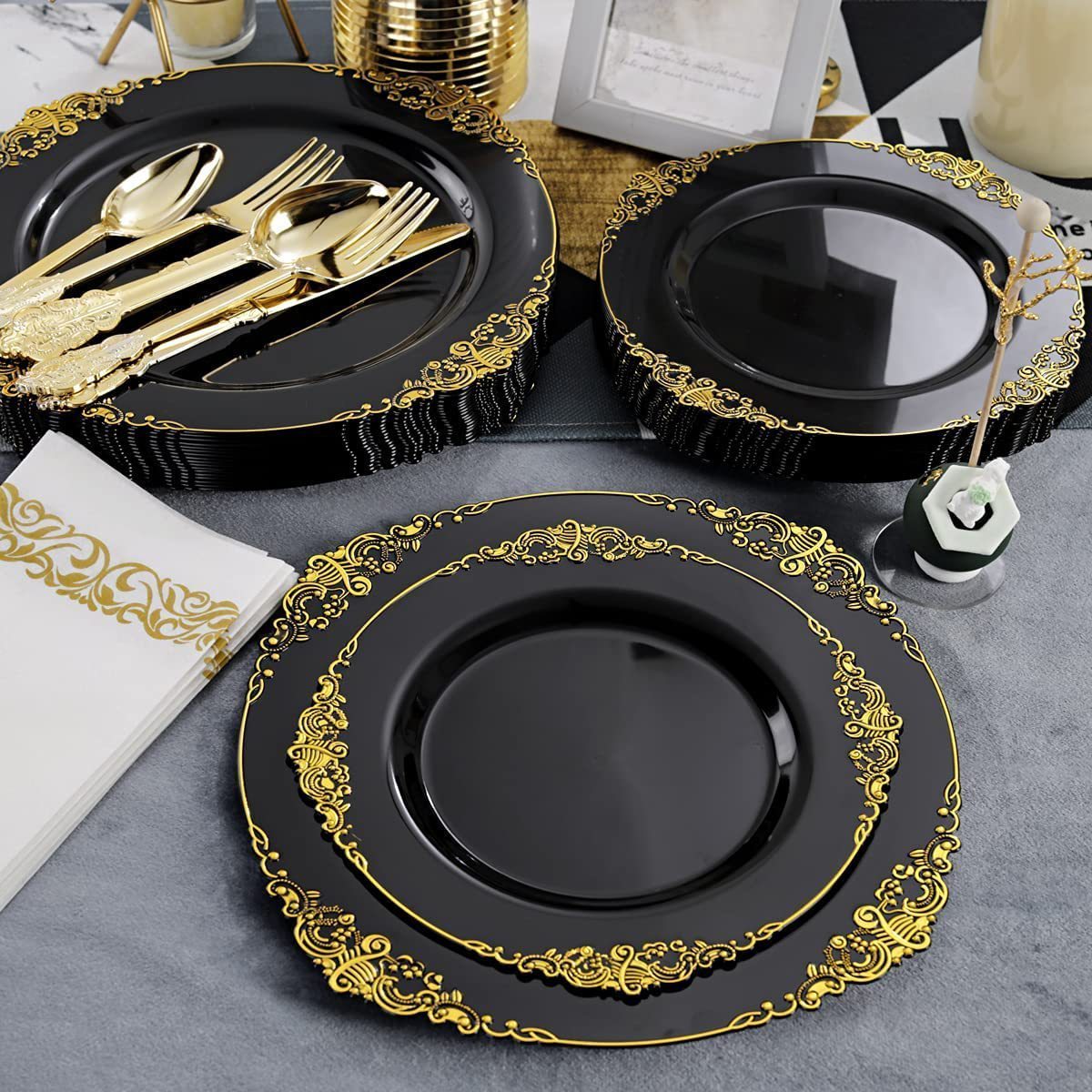 175 pcs For 25 Guests, Birthday Wedding Party Fancy Gold Rim Tableware With Cutlery Black Pink White Disposable Dinnerware Set