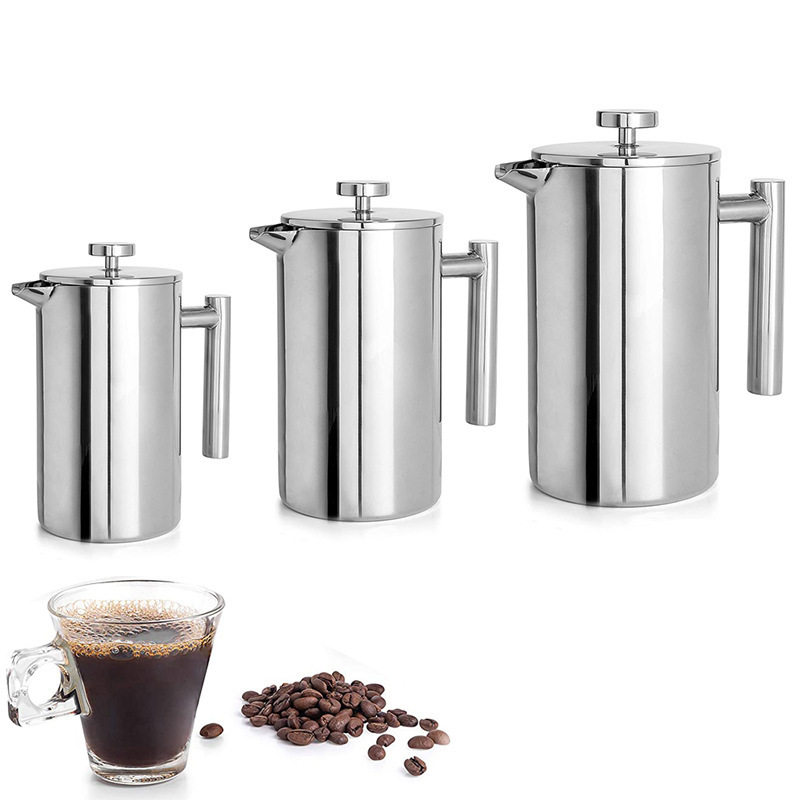 Amazon Hot Selling Stainless Steel Portable Insulated Double Wall & Filter Coffee Maker Tea Pot French Press For Travel & Office