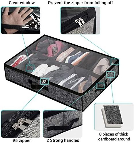 Eco-Friendly Collapsible Foldable Clear 12 Pockets Storage Bag Under Bed Fabric Shoe Organizer With Zipper And Handles