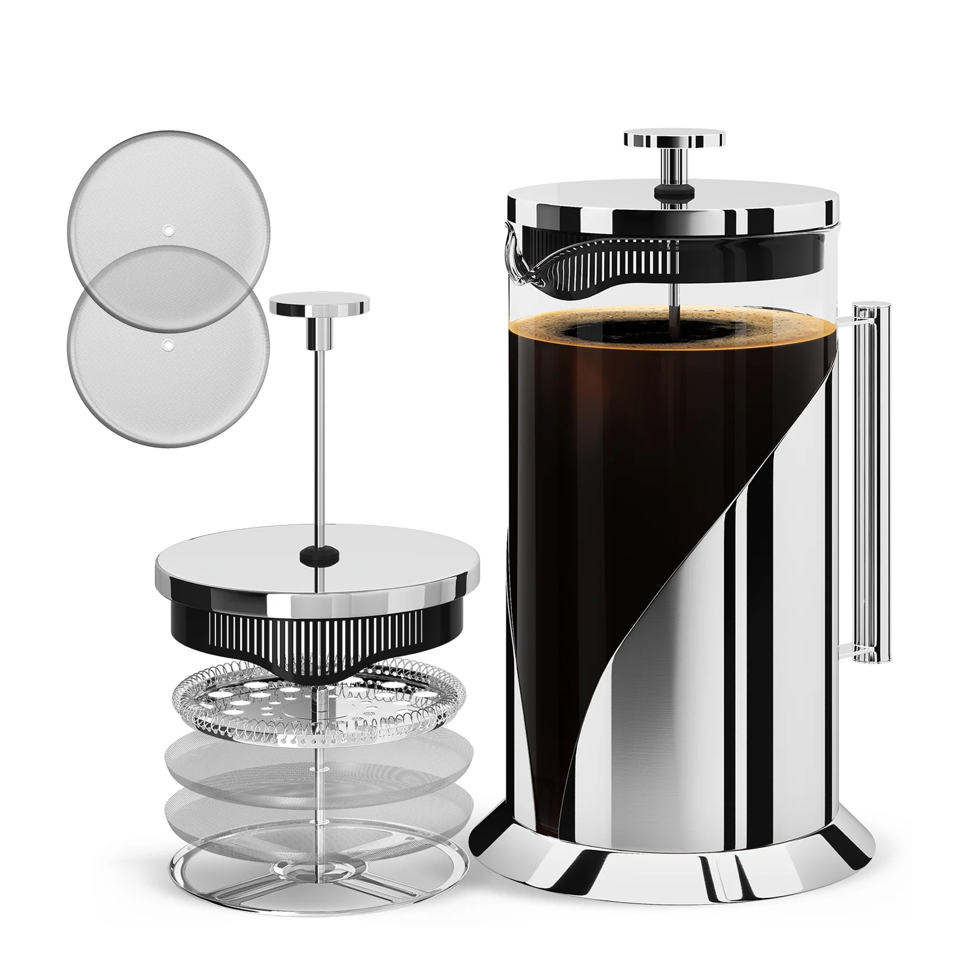 Christmas Gift BPA-free Food Grade Modern Glass And 4 Level Filter Stainless Steel Tea Plunger Pot French Coffee Press Brewer