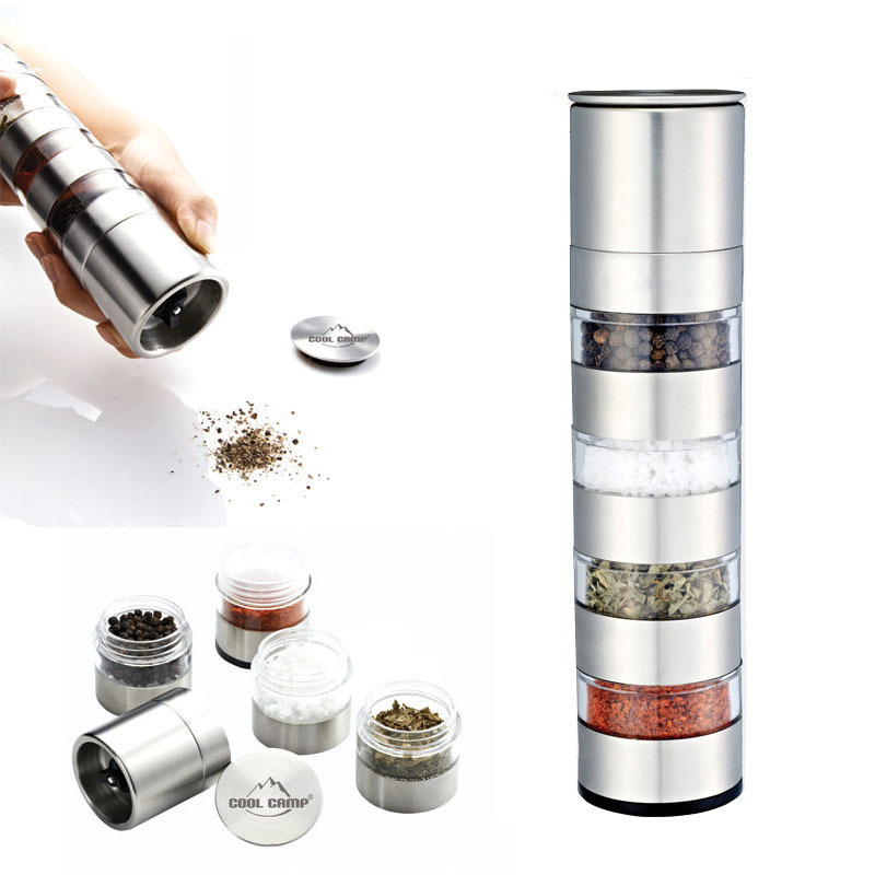 Portable Outdoor Camping Picnic Utensils Adjustable Stackable Stainless Steel Spice Jars Salt And Pepper Grinder Mill Set