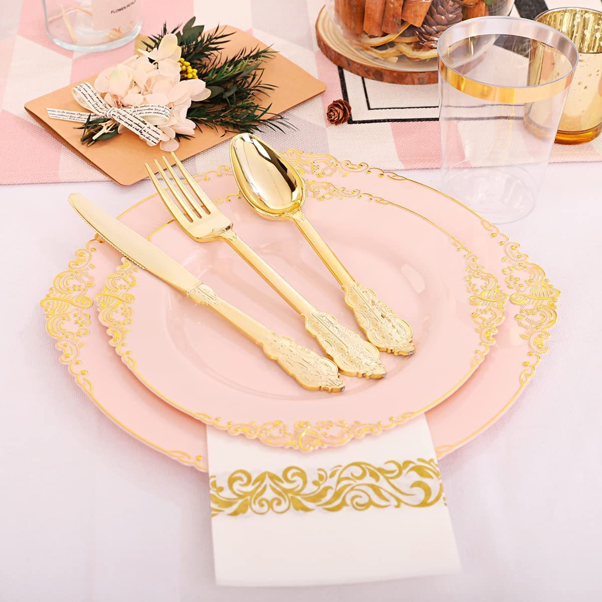 175 pcs For 25 Guests, Birthday Wedding Party Fancy Gold Rim Tableware With Cutlery Black Pink White Disposable Dinnerware Set