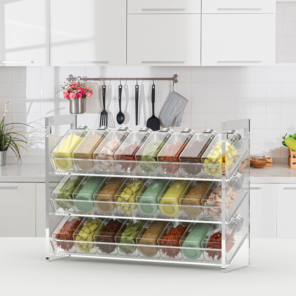 Flat Package 3-Tier Clear Acrylic Seasoning Shelf Spice Jars Holder Rack Set For Home Pantry Cabinet Kitchen Organization