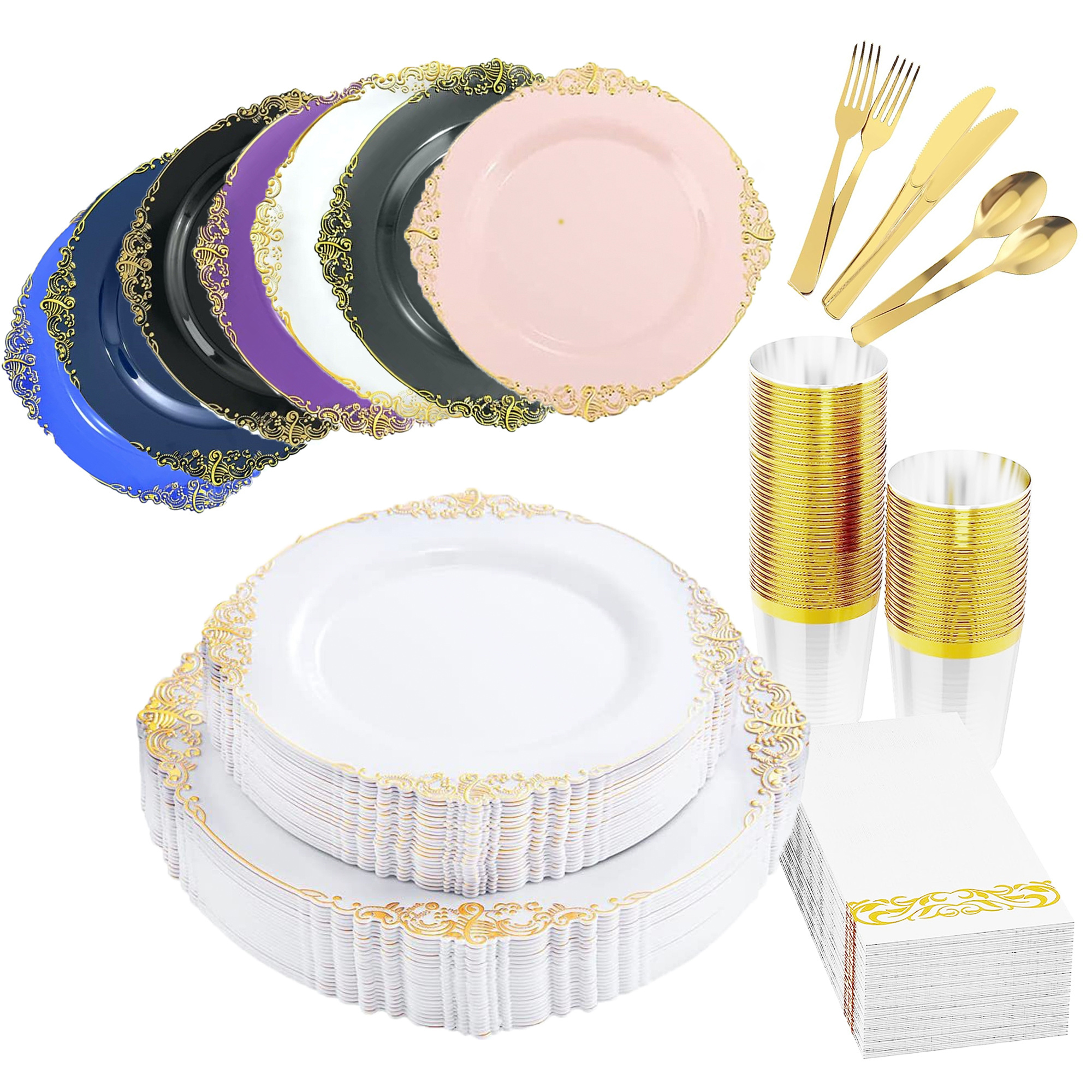 175 pcs For 25 Guests, Birthday Wedding Party Fancy Gold Rim Tableware With Cutlery Black Pink White Disposable Dinnerware Set