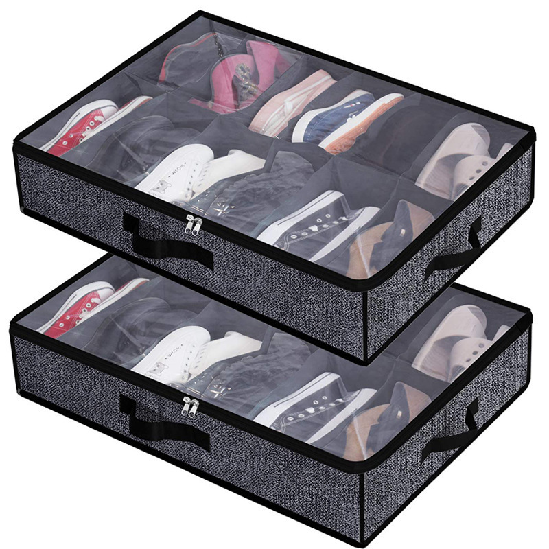 Eco-Friendly Collapsible Foldable Clear 12 Pockets Storage Bag Under Bed Fabric Shoe Organizer With Zipper And Handles