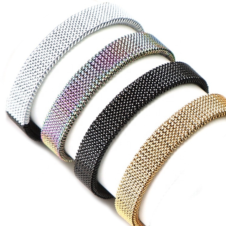 Custom New Mixed Color Rainbow Brown Blue Gold Spring Bracelet Elastic Mesh Design Jewelry Men Stainless Steel Stretch Bracelet