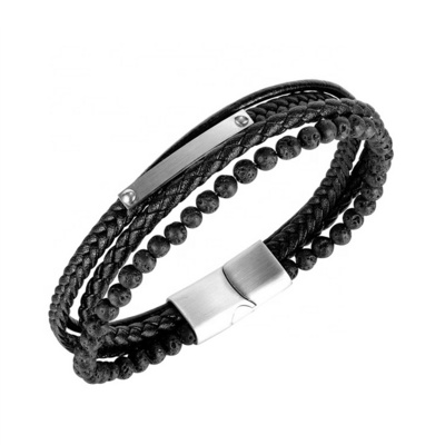 Punk Black Lava Men Natural Stone Bead Stainless Steel Magnetic Clasp Multilayer Leather Bracelet