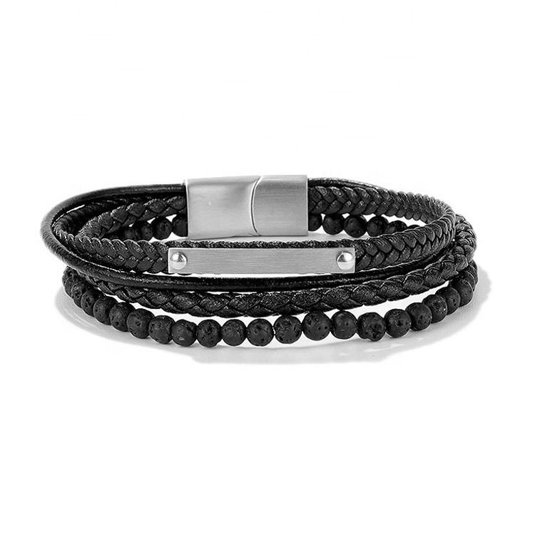 Punk Black Lava Men Natural Stone Bead Stainless Steel Magnetic Clasp Multilayer Leather Bracelet