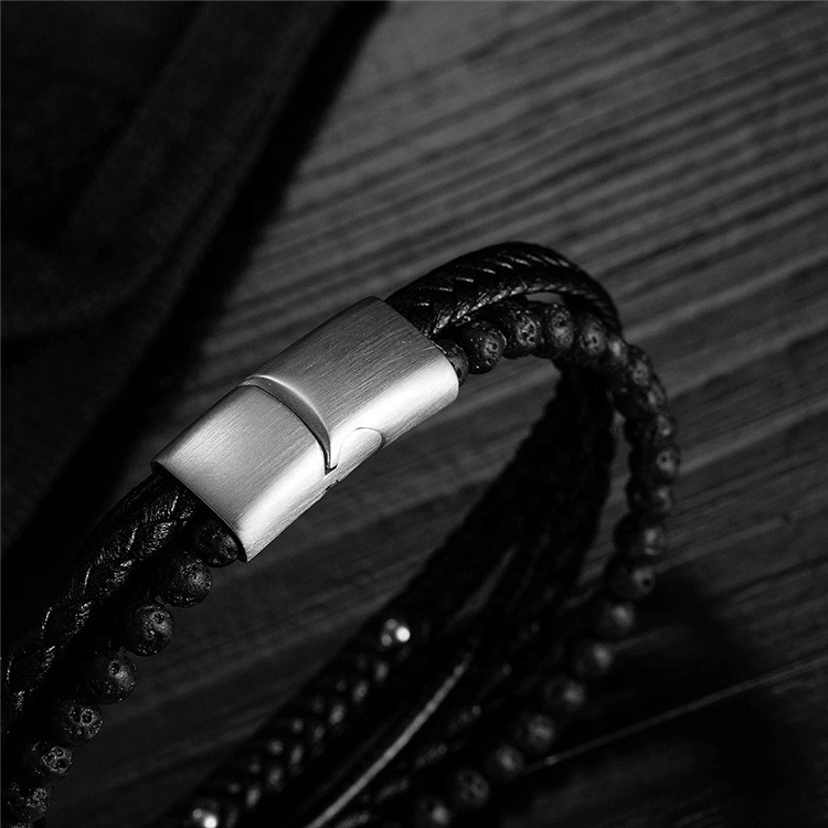 Punk Black Lava Men Natural Stone Bead Stainless Steel Magnetic Clasp Multilayer Leather Bracelet