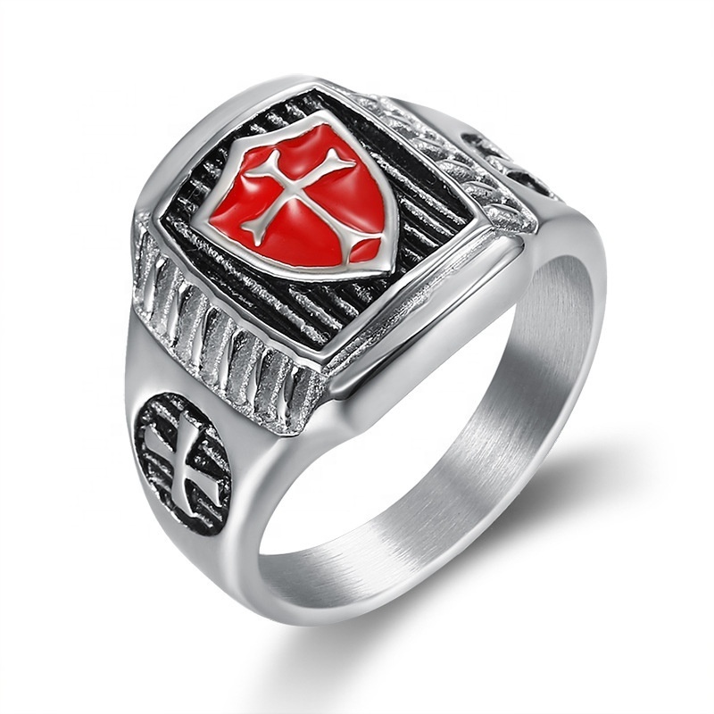 Fine Stainless Steel Silver Plated Stripe Engraved Rap Style Red Shield Cross Ring Knights Templar Men's jewelry Finger Anillos