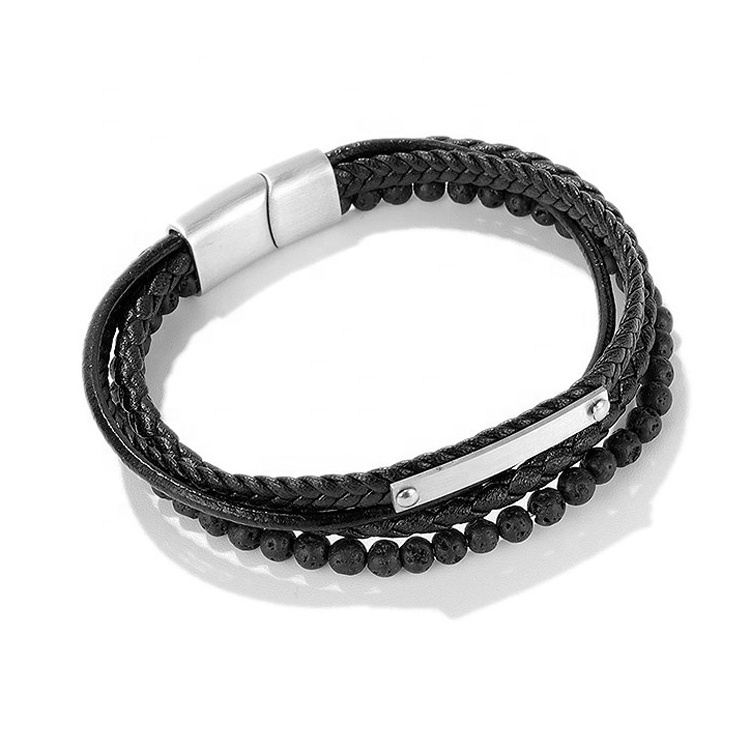 Punk Black Lava Men Natural Stone Bead Stainless Steel Magnetic Clasp Multilayer Leather Bracelet