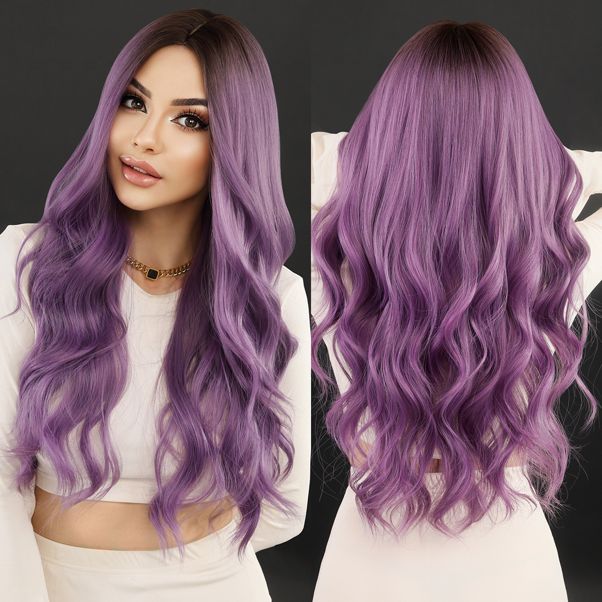 Wigs Factory Synthetic Wig Ombre Light Purple Long Middle Part Hair Daily Natural Hair Wig Wavy for Women Premium Fibre Hair