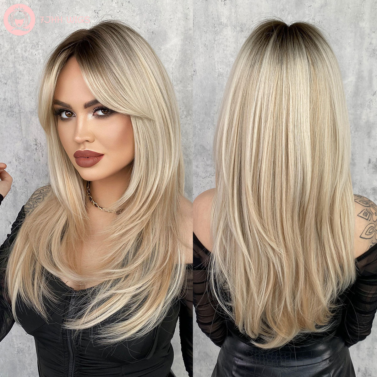 Synthetic Hair Wig Wholesale Long Straight Wigs with Bangs,Ombre Piruca Blonde Layered Wig for Women Natural Perruques