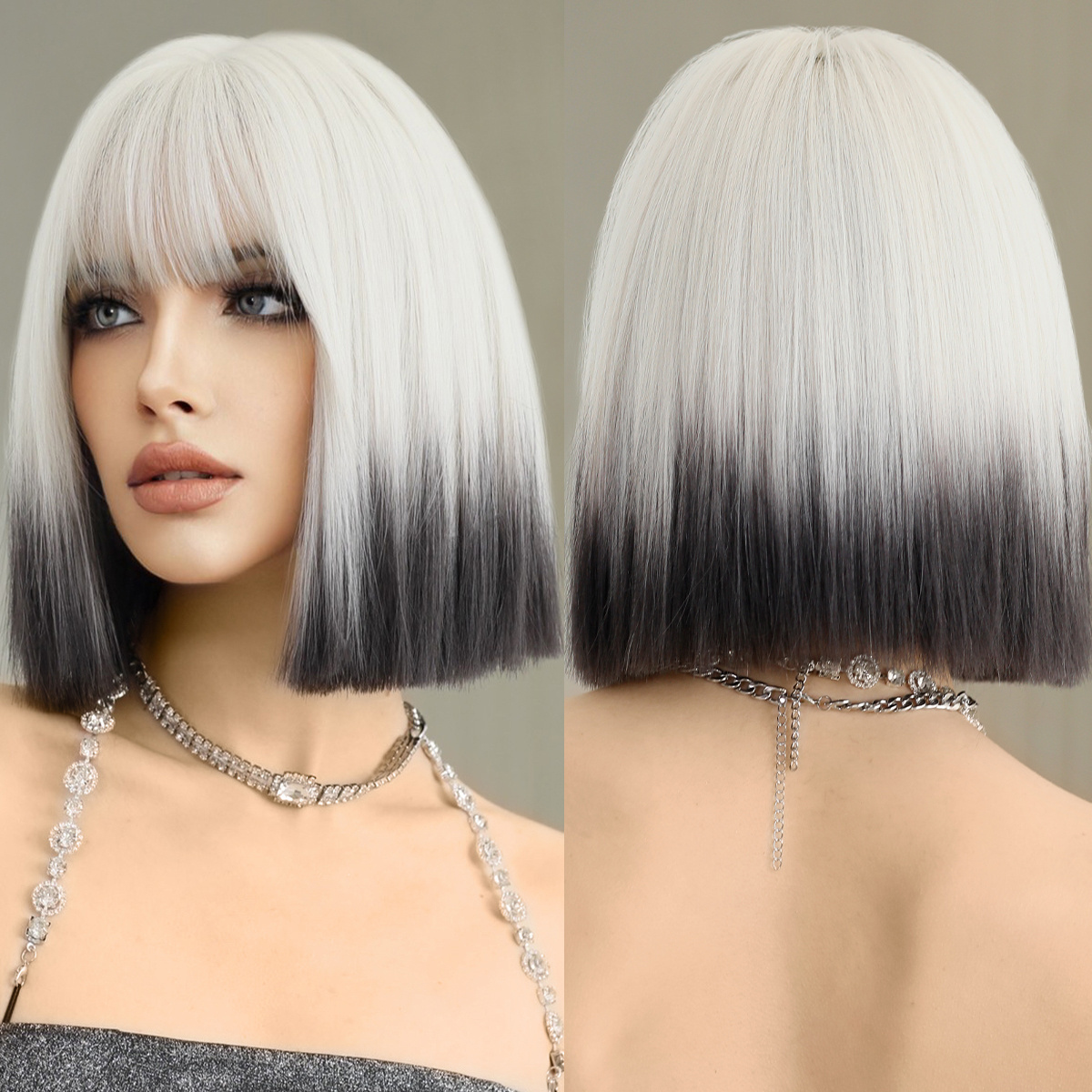 Platinum Short Bob Wig with Bang Synthetic Hair Bob Straight Wigs for Women Ombre Shoulder Length Cosplay Party Peluca Hair Wigs