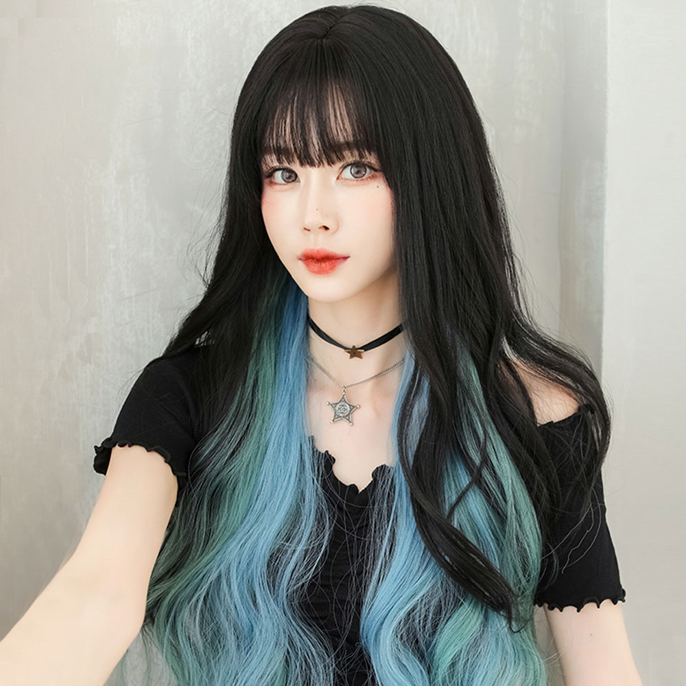 7JHH WIGS wholesale Heat Resistant Fibre 150% Density long straight wig with bangs 27 inches Ombre Blue Colorful Synthetic wig