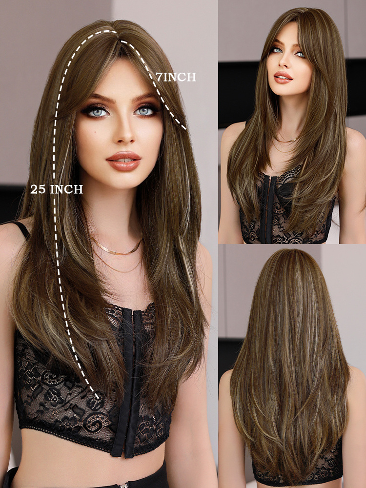 Synthetic Hair Wig Wholesale Long Straight Wigs with Bangs,Ombre Piruca Blonde Layered Wig for Women Natural Perruques