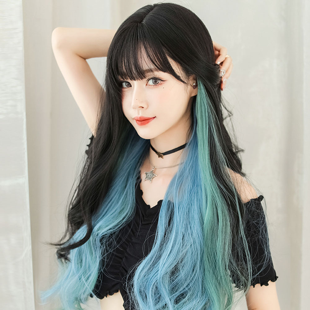 7JHH WIGS wholesale Heat Resistant Fibre 150% Density long straight wig with bangs 27 inches Ombre Blue Colorful Synthetic wig